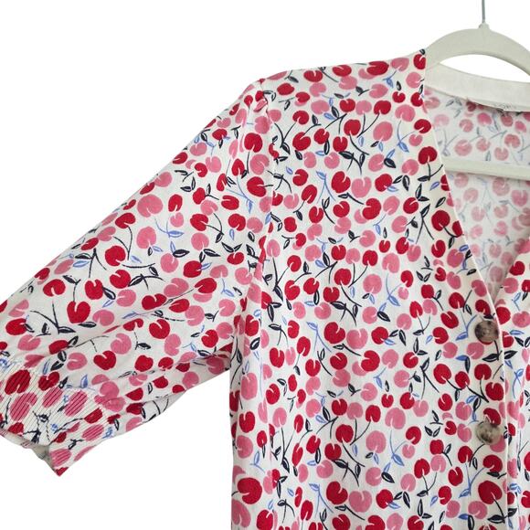 Loft Cherry Print V-Neck Button Down Cardigan Sweater White Red Pink Size Large - Picture 5 of 6
